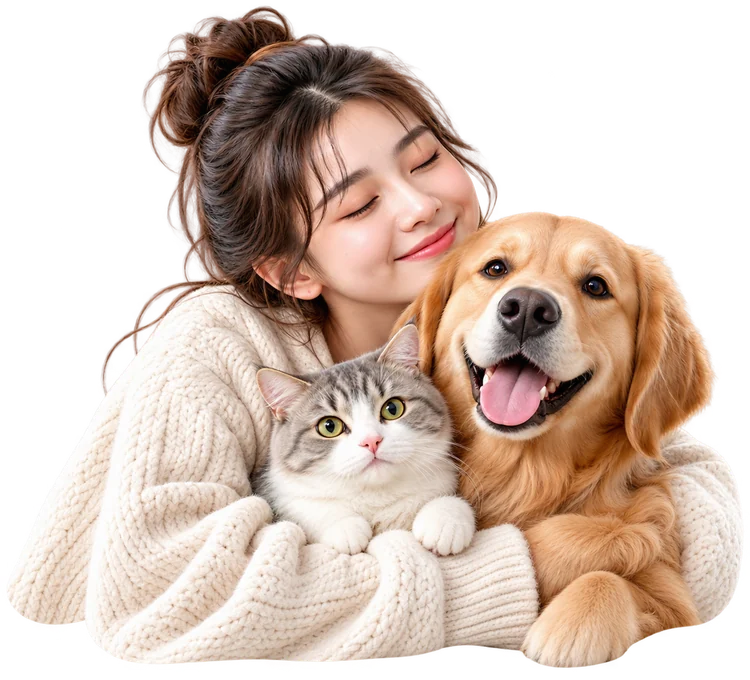 女生抱着猫咪和金毛犬
